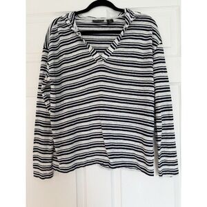 Tahari 100% Linen Striped V-Neck Top Navy & White Long Sleeve M